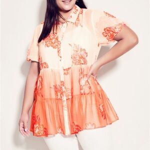 Anna York 26/28 Coral Babydoll Shirt Blouse Button Down Sheer Beaded NWT